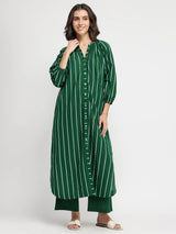 Cotton Striped Buttoned Kurta Set - Green