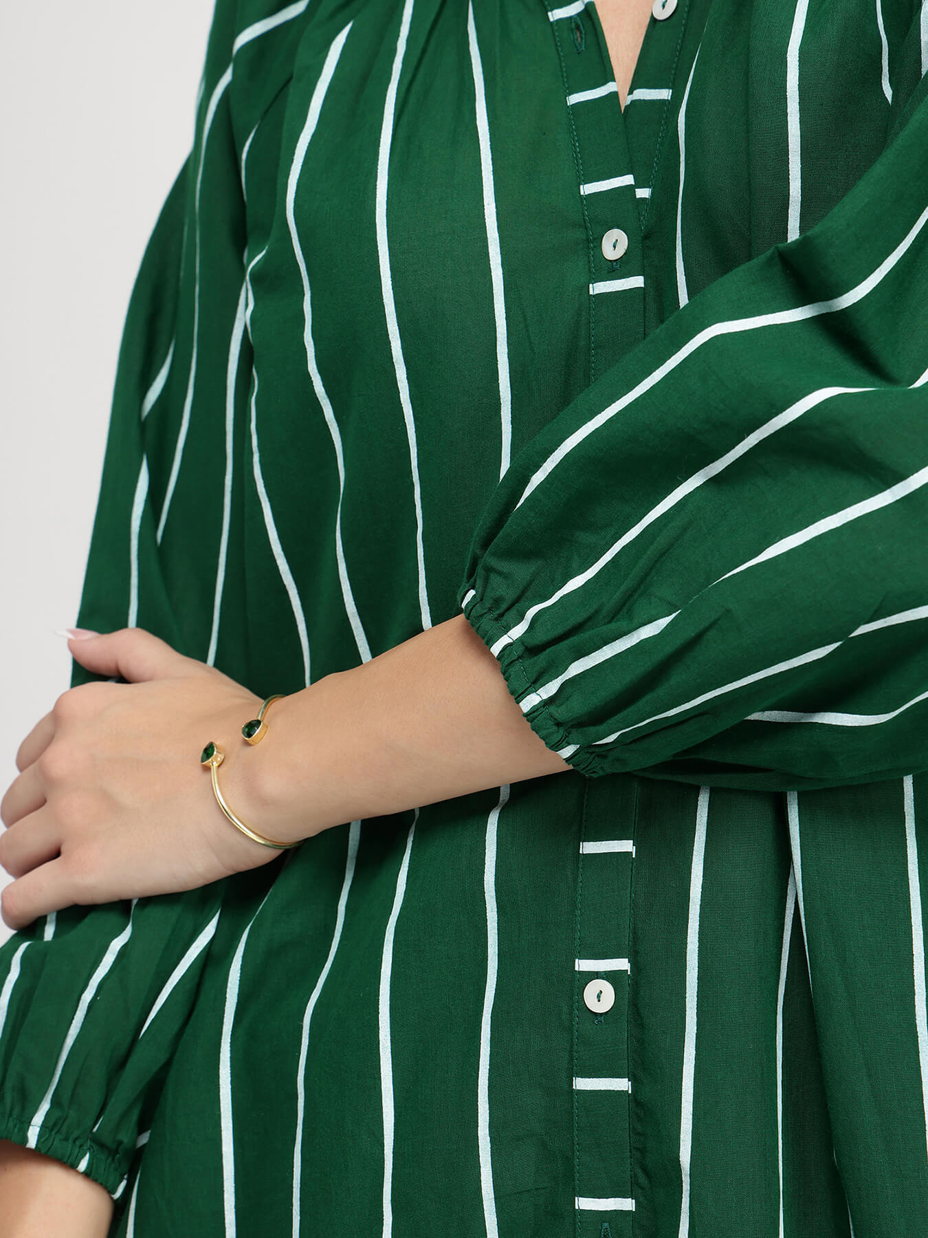 Cotton Striped Buttoned Kurta Set - Green