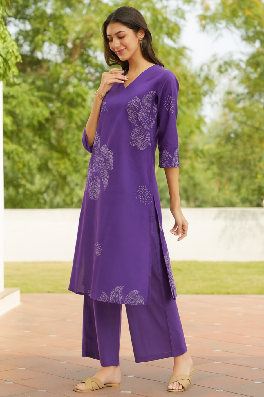 Cotton Bandhani Floral Kurta Set - Purple