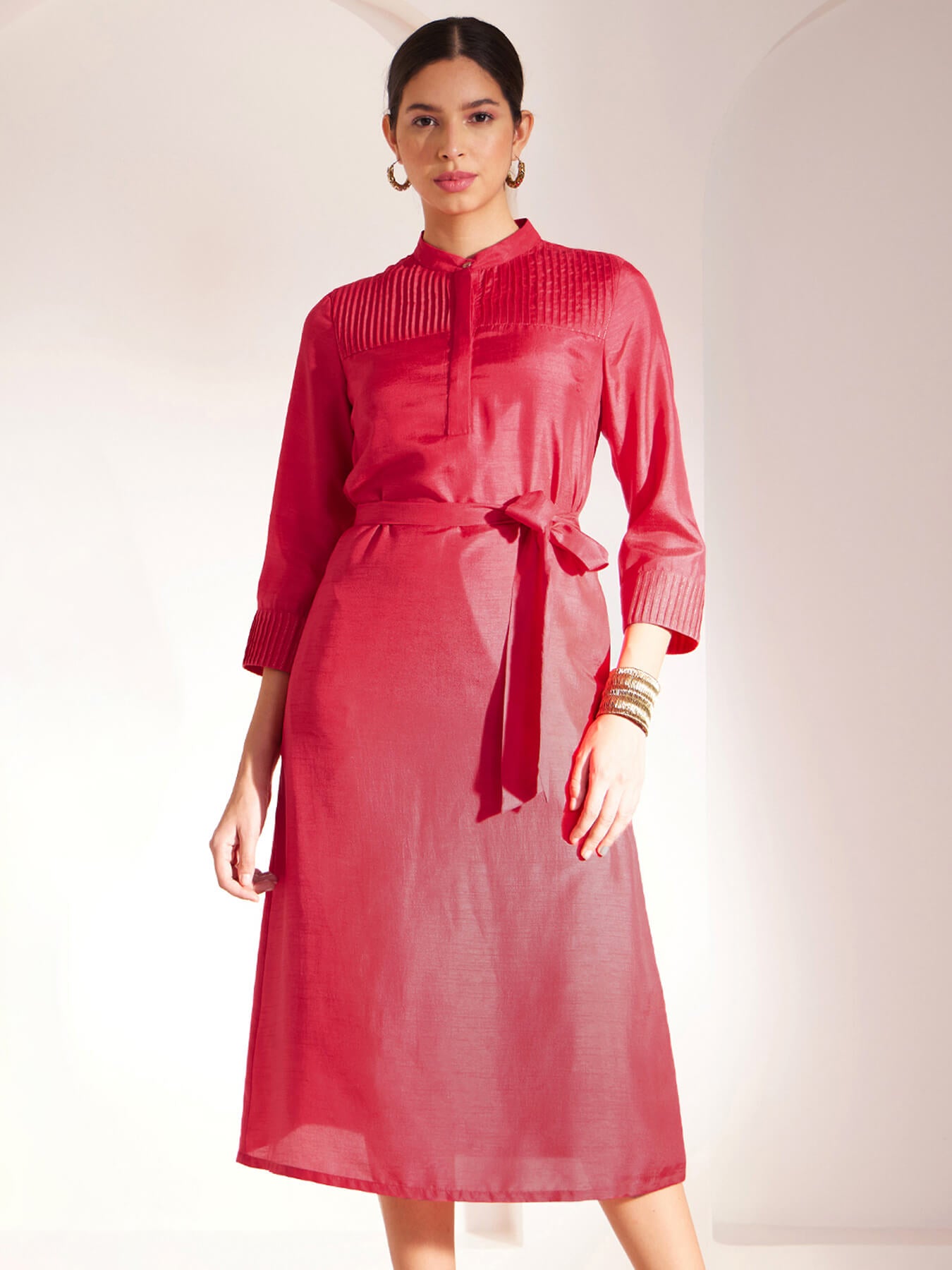 Zari Detail Pintuck Dress - Red