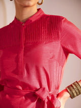 Zari Detail Pintuck Dress - Red