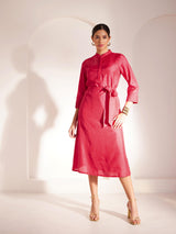 Zari Detail Pintuck Dress - Red