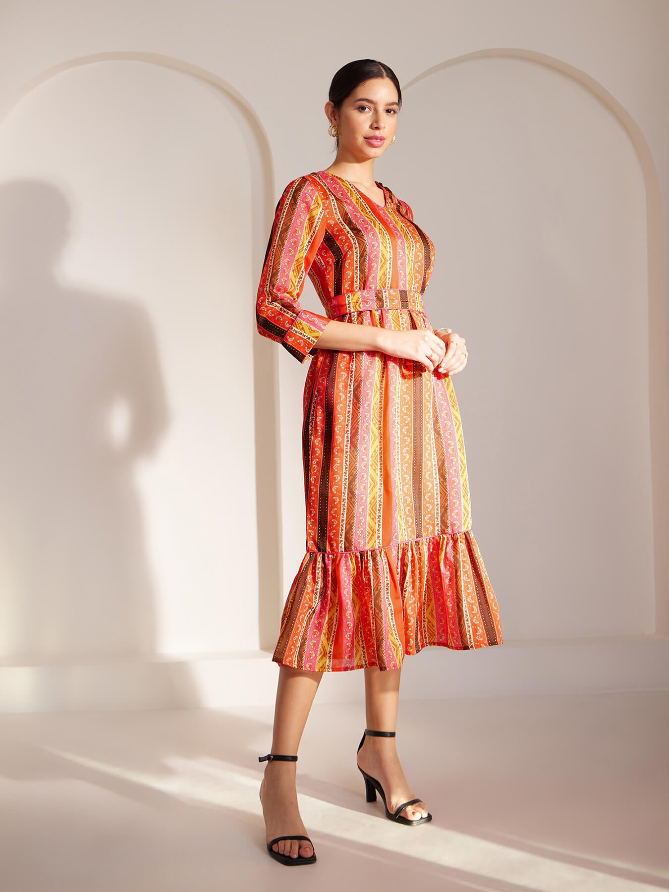 Chanderi Striped Tiered Dress - Multicolour