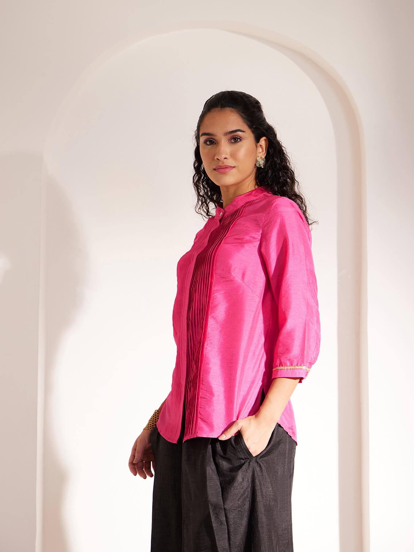 Lace Detail Pintuck Shirt - Pink