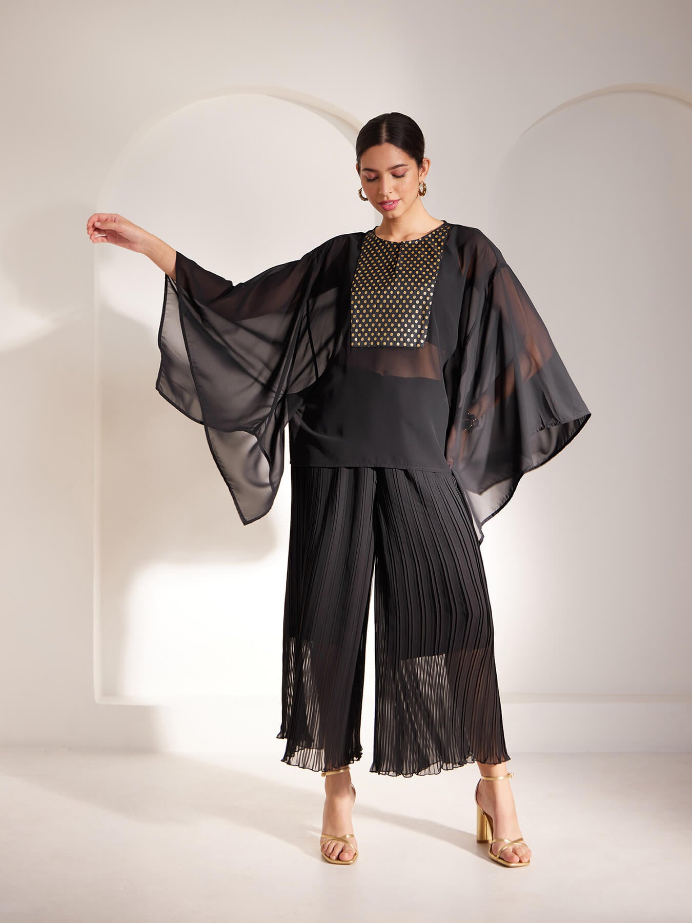 Brocade Panel Kaftan Top - Black And Gold