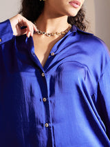 Luxe Satin Collared Shirt - Blue