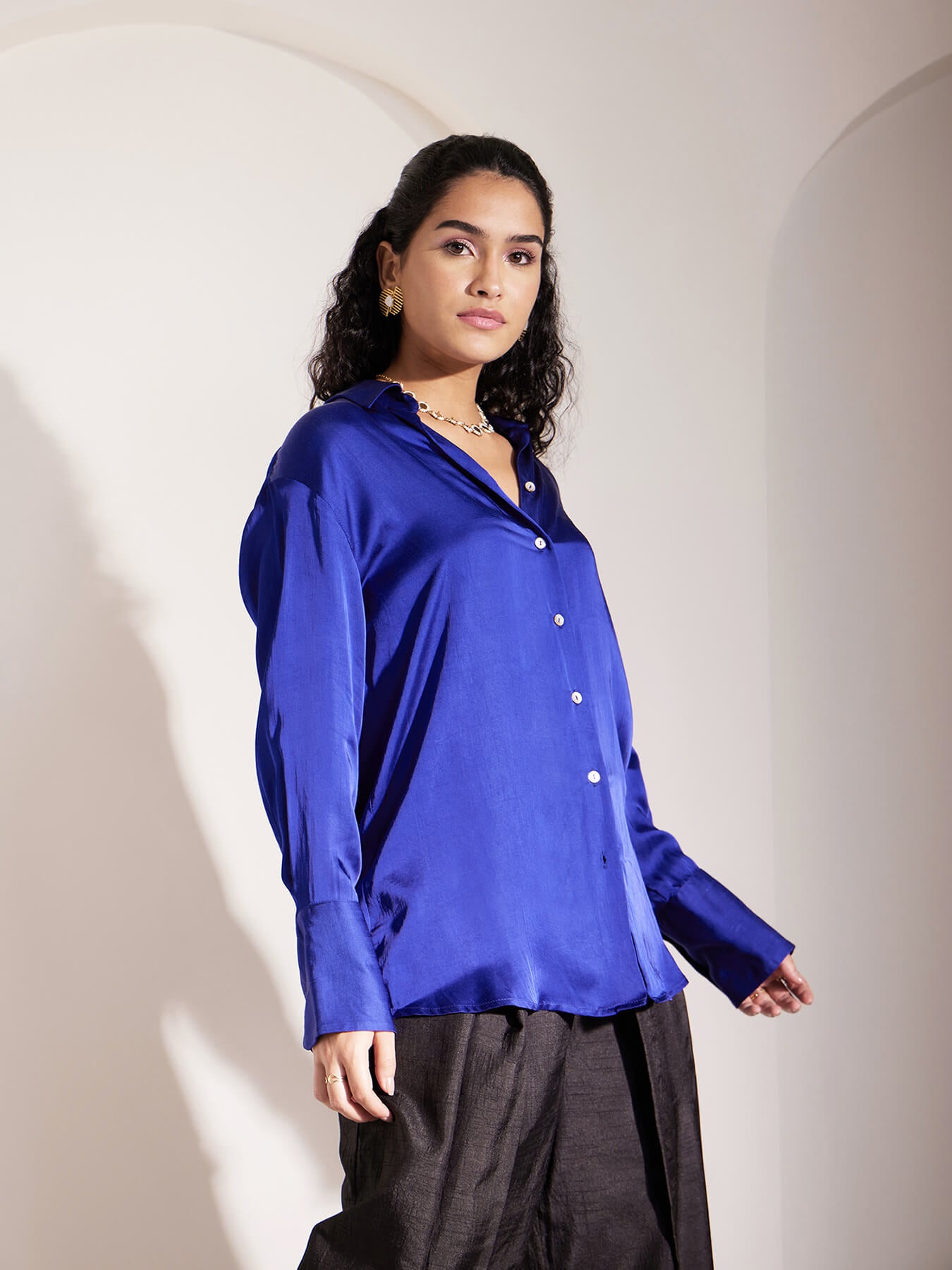 Luxe Satin Collared Shirt - Blue