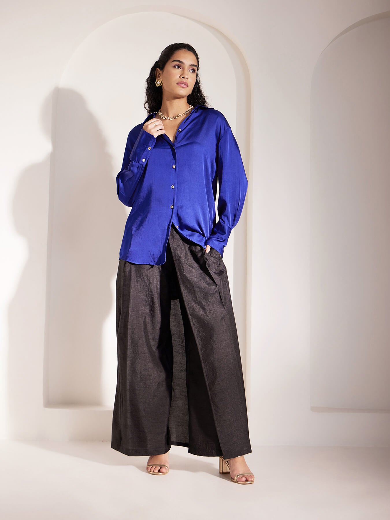 Luxe Satin Collared Shirt - Blue