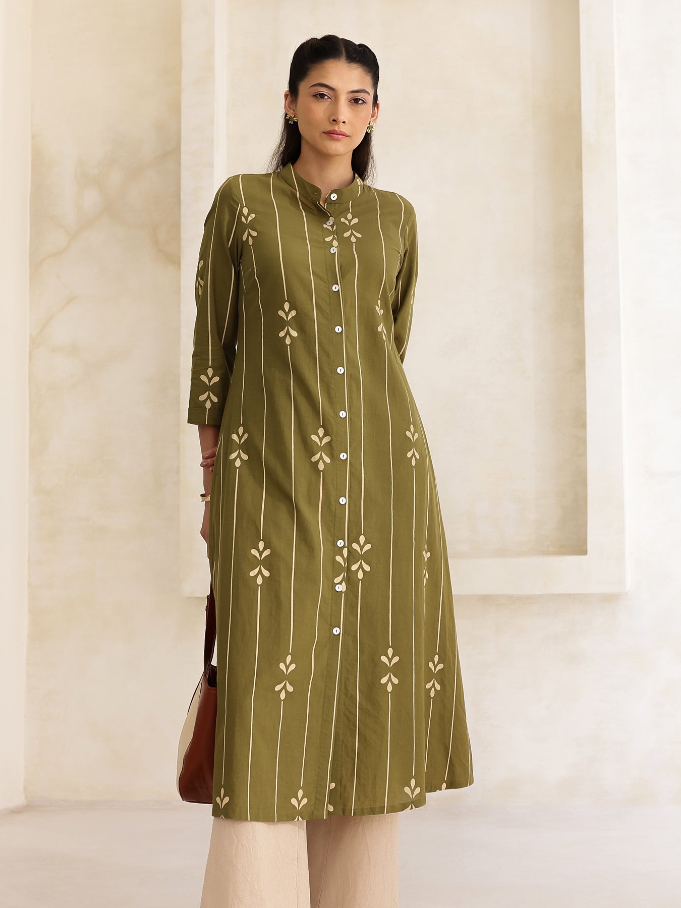 Cotton Abstract Flared Kurta - Green