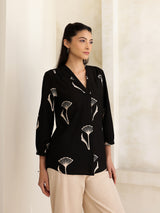 Cotton Floral Regular Top - Black