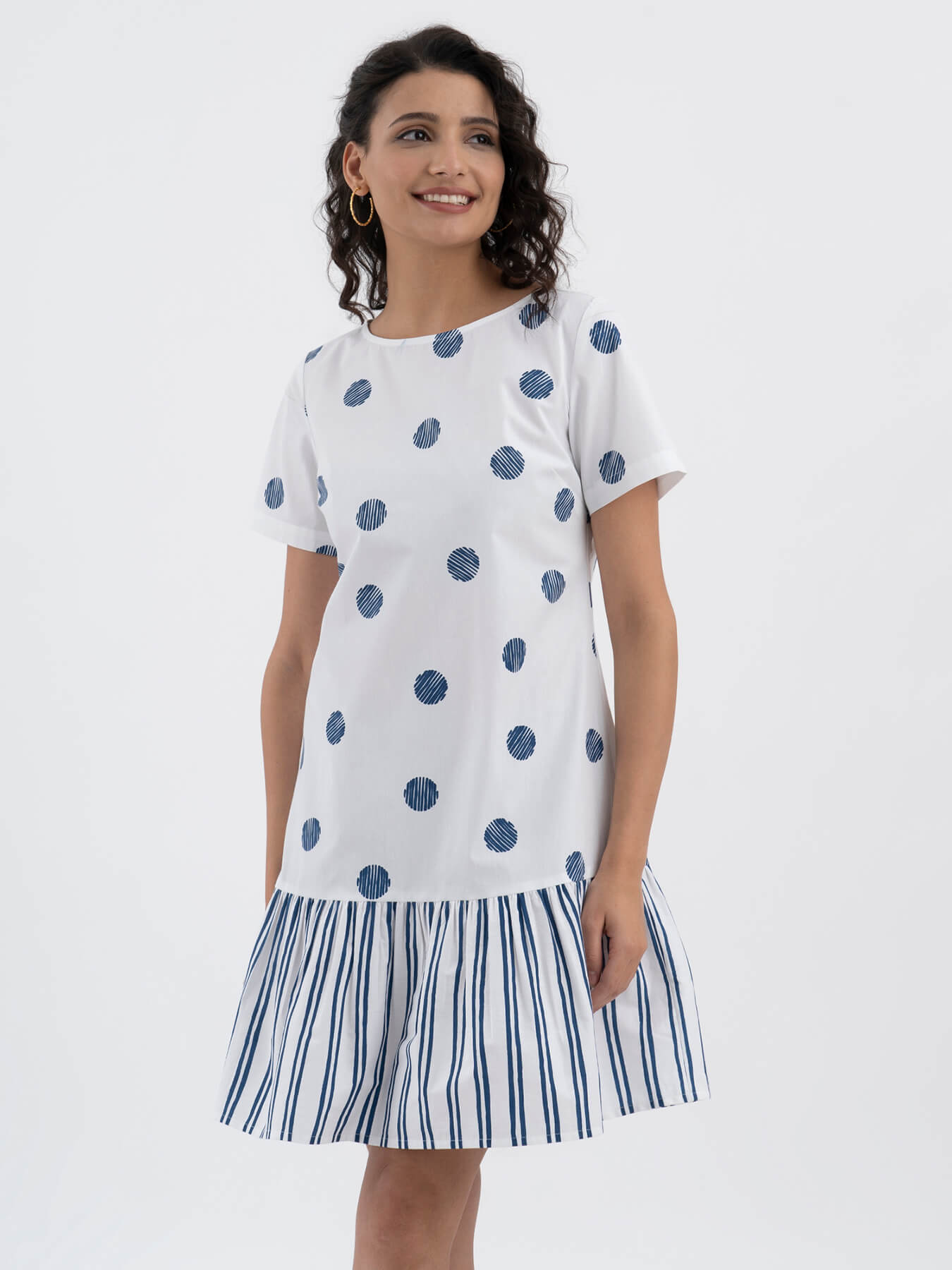 Cotton Poplin Polka Single Tiered Dress - White