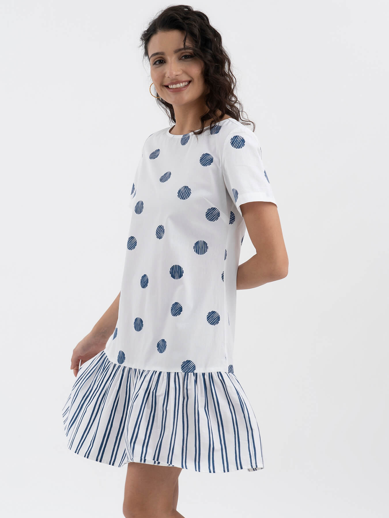 Cotton Poplin Polka Single Tiered Dress - White