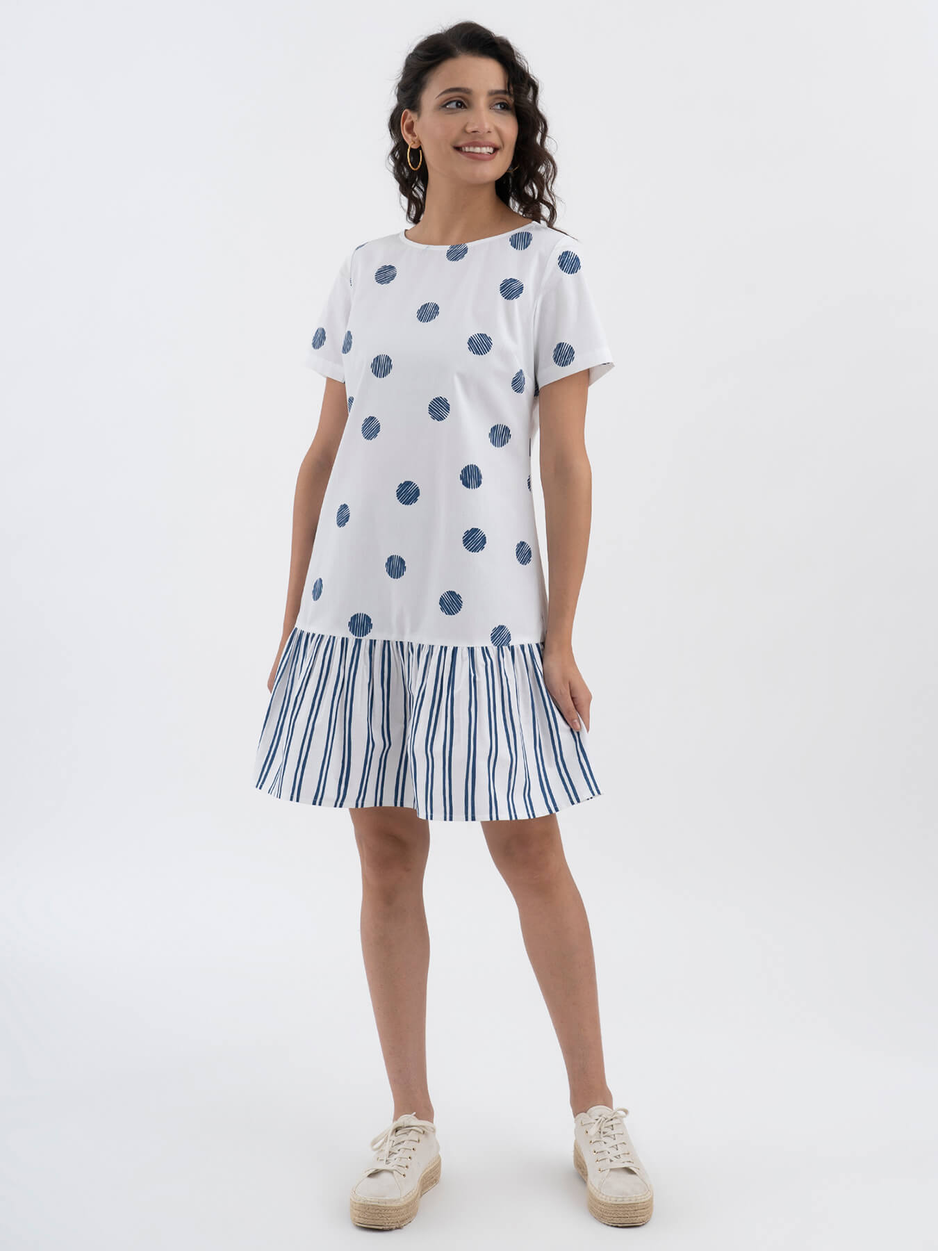 Cotton Poplin Polka Single Tiered Dress - White