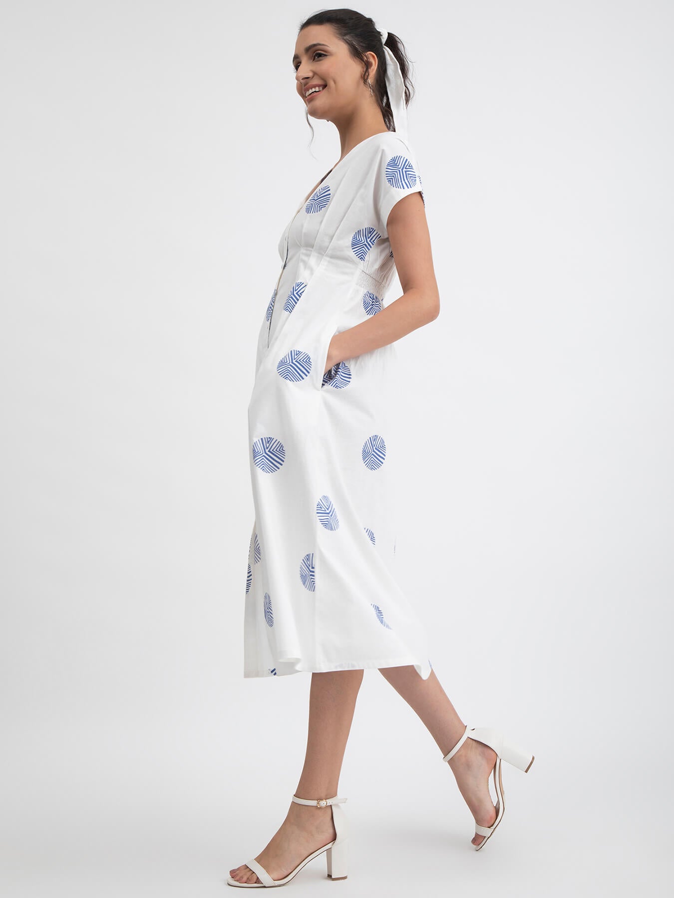 Cotton Poplin Polka A-line Dress - White
