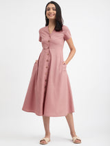 Linen Blend A-line Flared Dress - Pink