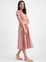 Linen Blend A-line Flared Dress - Pink
