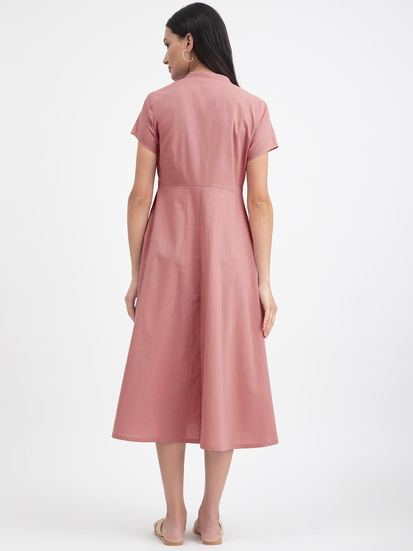 Linen Blend A-line Flared Dress - Pink