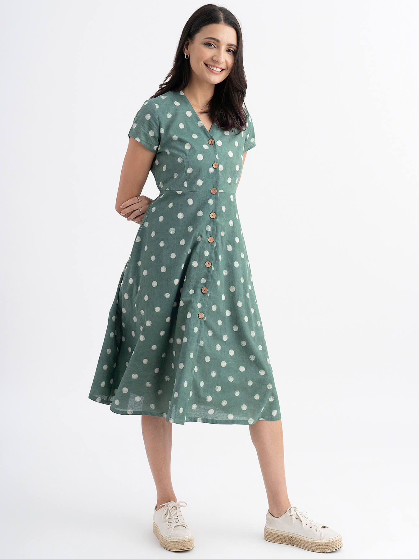 Cotton Dabu Handblock Polka Printed A-line Dress - Green