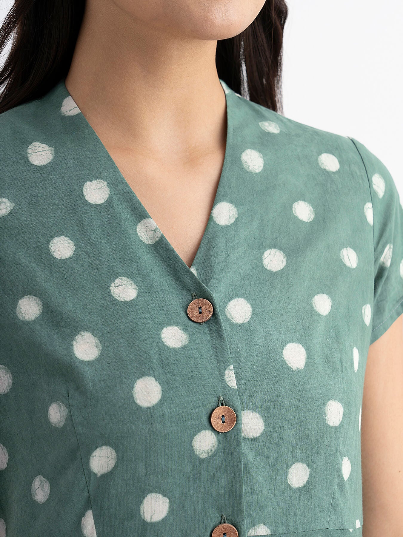 Cotton Dabu Handblock Polka Printed A-line Dress - Green