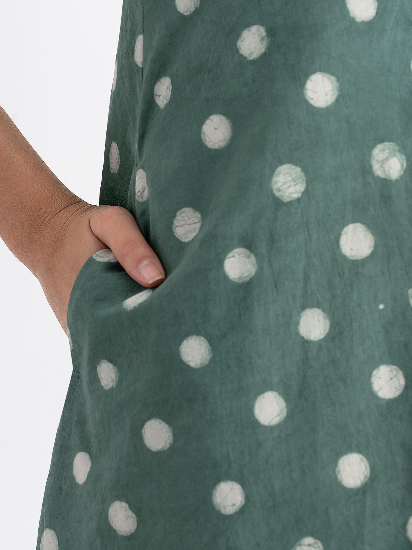 Cotton Dabu Handblock Polka Printed A-line Dress - Green