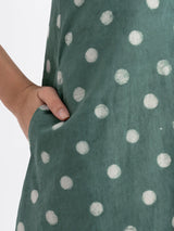 Cotton Dabu Handblock Polka Printed A-line Dress - Green