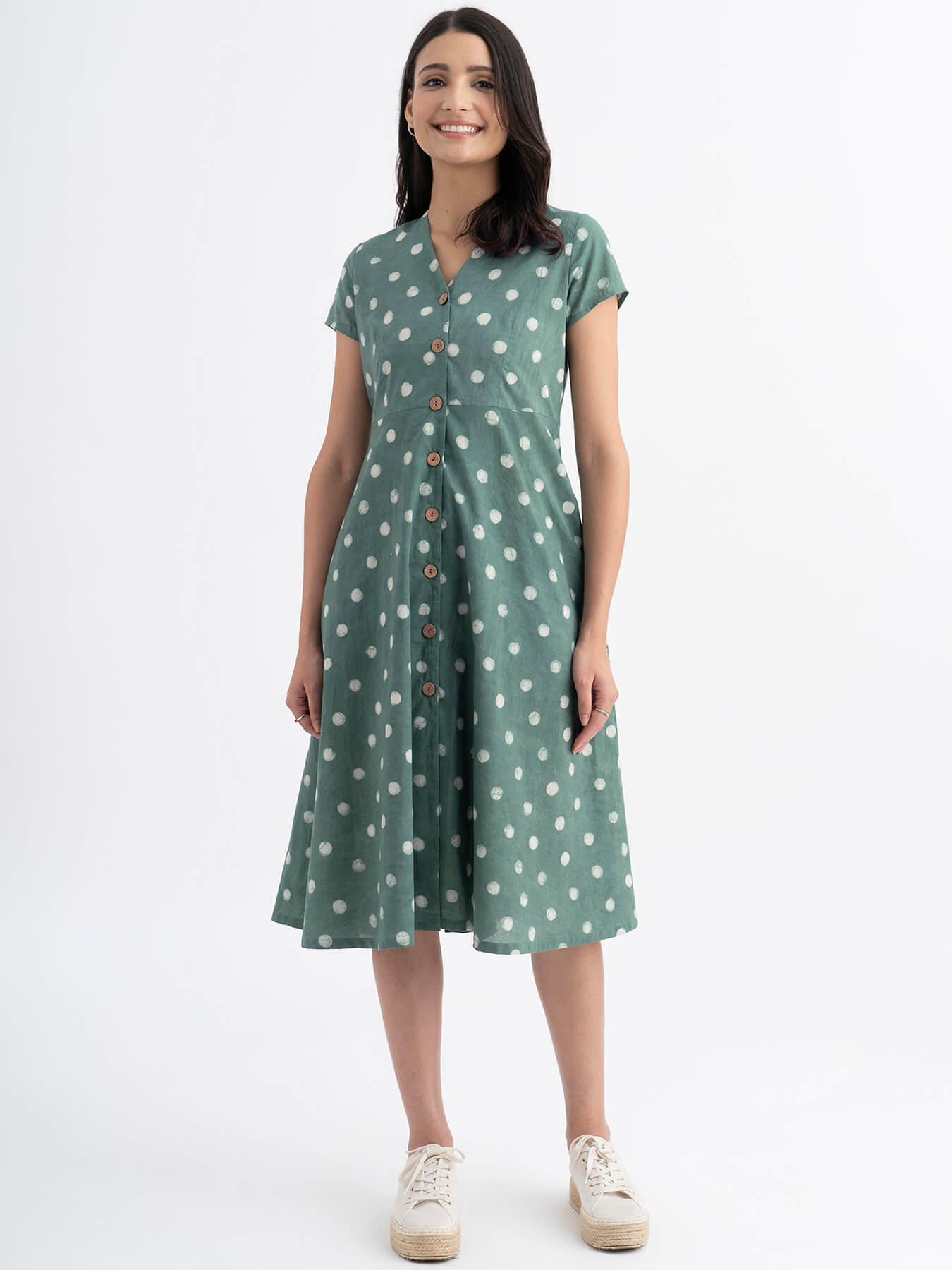 Cotton Dabu Handblock Polka Printed A-line Dress - Green