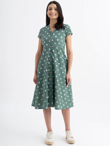 Cotton Dabu Handblock Polka Printed A-line Dress - Green