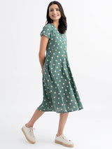 Cotton Dabu Handblock Polka Printed A-line Dress - Green