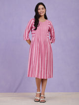 Cotton A-Line Striped Dress - Pink