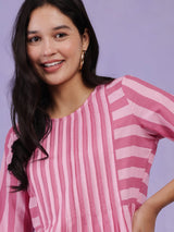 Cotton A-Line Striped Dress - Pink