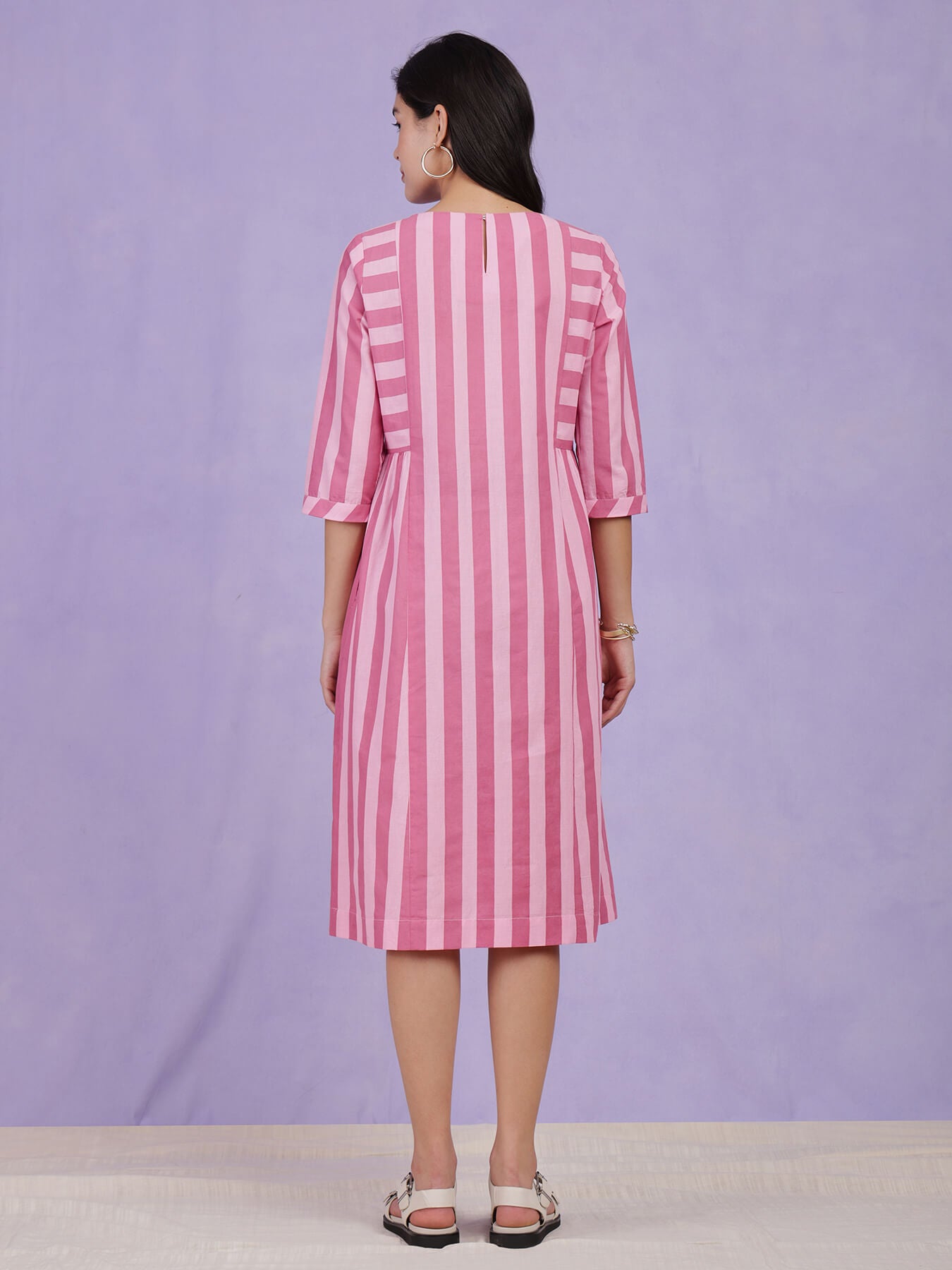 Cotton A-Line Striped Dress - Pink