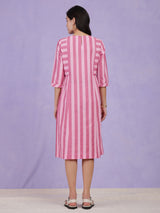 Cotton A-Line Striped Dress - Pink