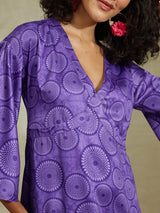 Satin Floral Flared Dress - Purple