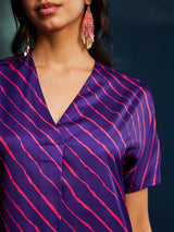 Satin Leheriya Pleated Dress - Purple