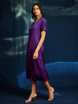 Satin Leheriya Pleated Dress - Purple