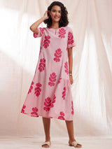 Cotton Ikat Gathered Dress - Pink