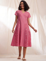 Cotton Stripe A-line Dress - Pink
