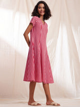 Cotton Stripe A-line Dress - Pink
