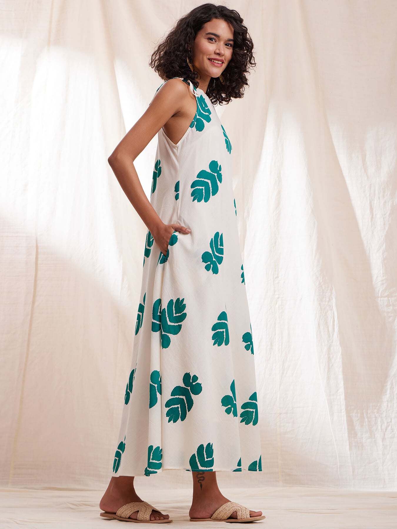 Cotton Ikat Halterneck Dress - Green