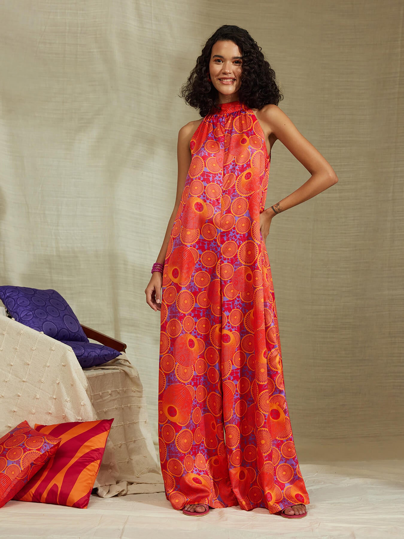 Satin Floral Halterneck Jumpsuit - Pink
