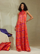 Satin Floral Halterneck Jumpsuit - Pink