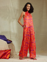 Satin Floral Halterneck Jumpsuit - Pink