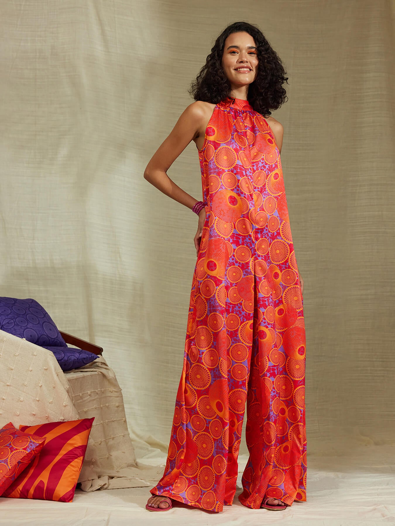 Satin Floral Halterneck Jumpsuit - Pink