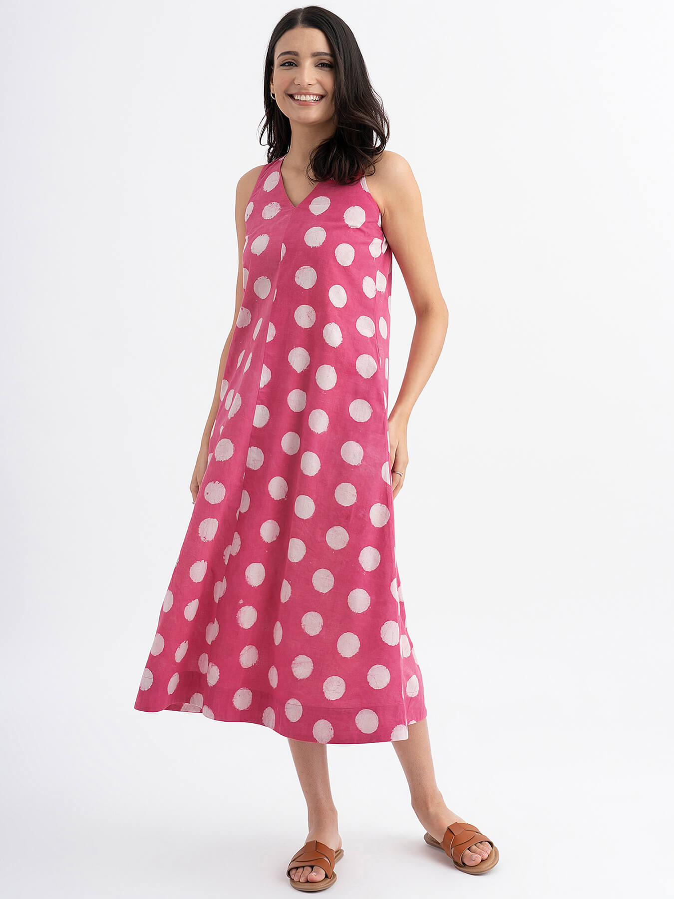 Cotton Sleeveless Dabu Handblock Polka Printed Dress - Pink