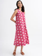 Cotton Sleeveless Dabu Handblock Polka Printed Dress - Pink