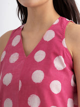 Cotton Sleeveless Dabu Handblock Polka Printed Dress - Pink