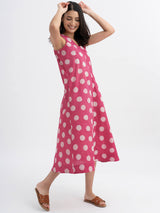 Cotton Sleeveless Dabu Handblock Polka Printed Dress - Pink