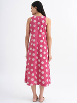 Cotton Sleeveless Dabu Handblock Polka Printed Dress - Pink