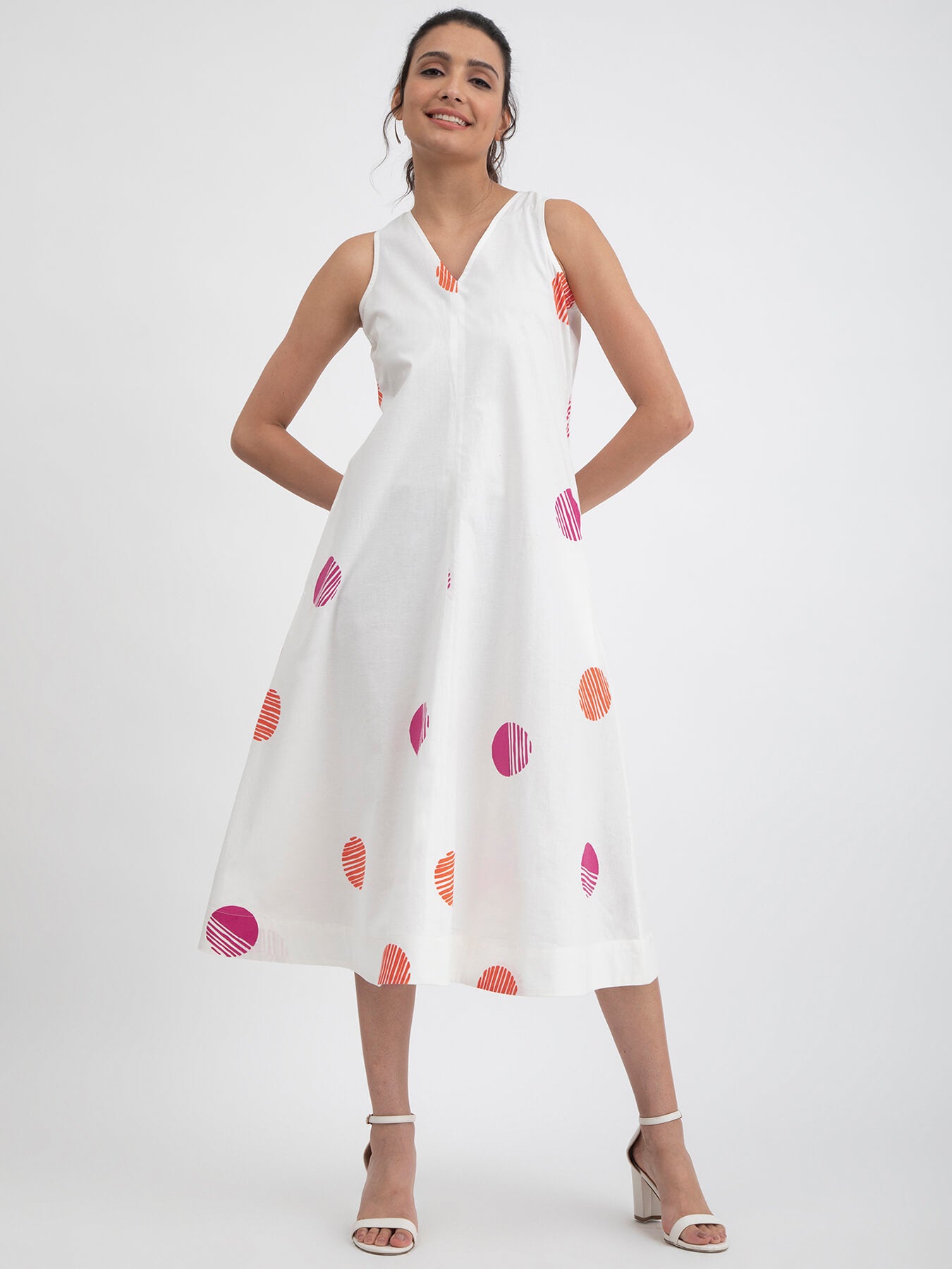 Sleeveless Cotton Poplin Polka Dress - White