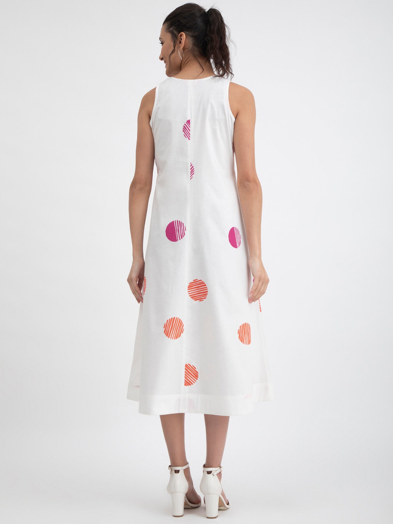 Sleeveless Cotton Poplin Polka Dress - White